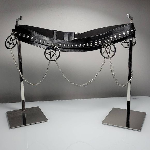 Killstar Accessories - Killstar Curses Chain Belt Black Vegan Leather Silver Pentagram Chains Rock Stud